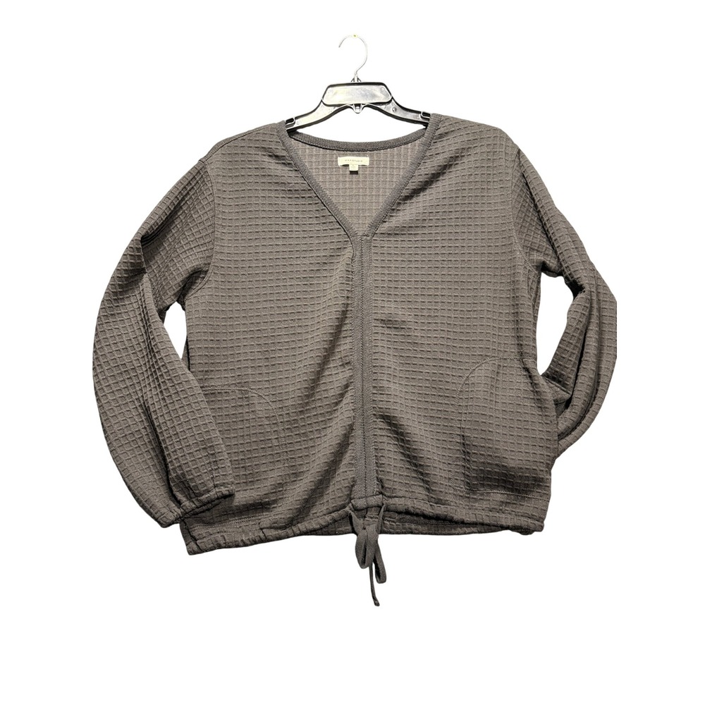 Max Studio Waffle Knit Top Women L Black V-Neck Cinched Hem Pockets